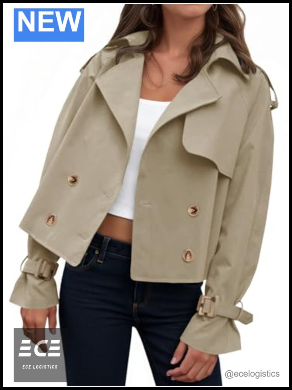 Women's Cropped Trench Coat Oversized Double Breasted Button Down Loose Fit